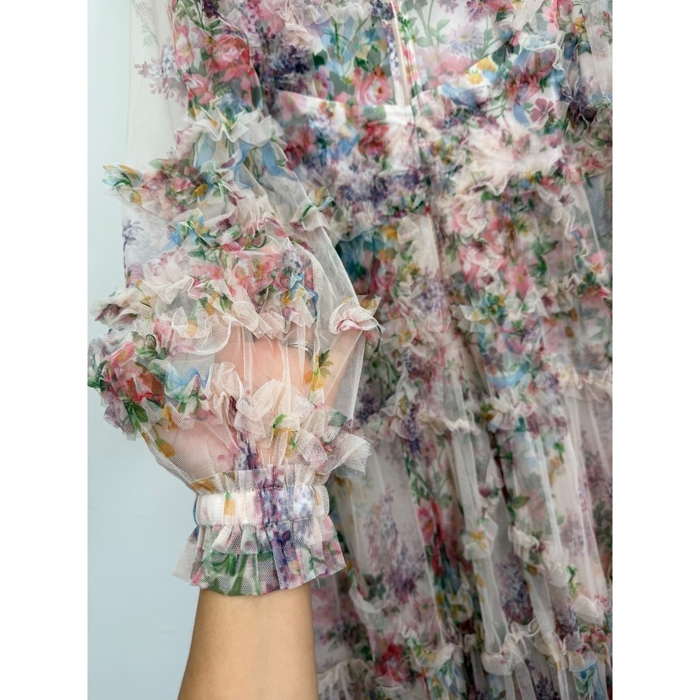 Catchall Floral Mesh Maxi Dress Womens XL New Tiered Ruffle Sheer Sleeve 0153 - Picture 5 of 10